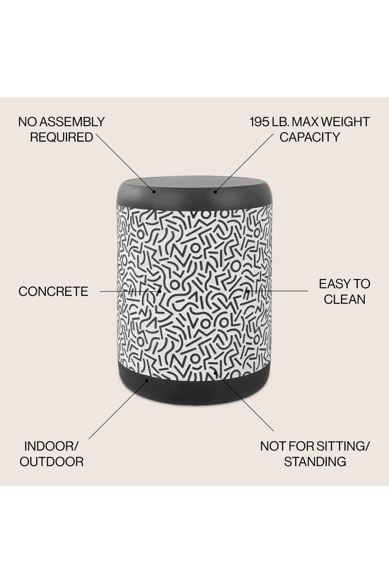 Indi Modern Geometric Concrete Drum Garden Stool, Indoor/Outdoor Weather-Resistant Patio Accent Side Table, Alternate, color, Black/White