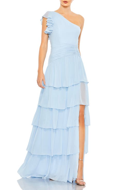 Ruffle Tiered One Flutter Sleeve Gown