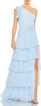 Ieena for Mac Duggal Ruffle Tiered One Flutter Sleeve Gown