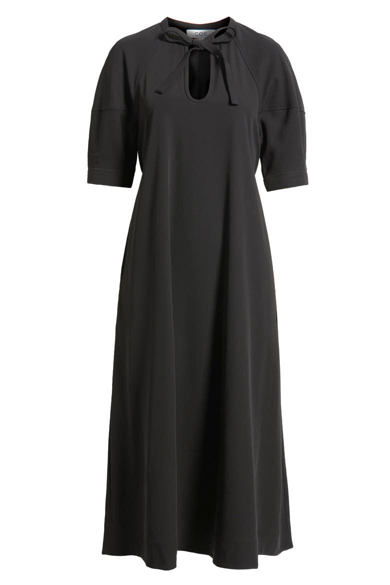 Tie Neck Midi Dress, Alternate, color, BLACK DARK