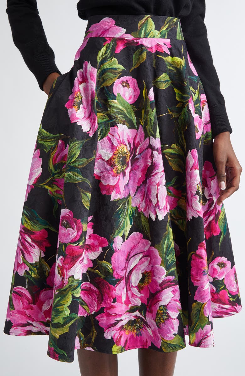 Dolce&Gabbana Peony Print Pleated Stretch Jacquard Skirt, Alternate, color, Peonie Fuxia F.nero
