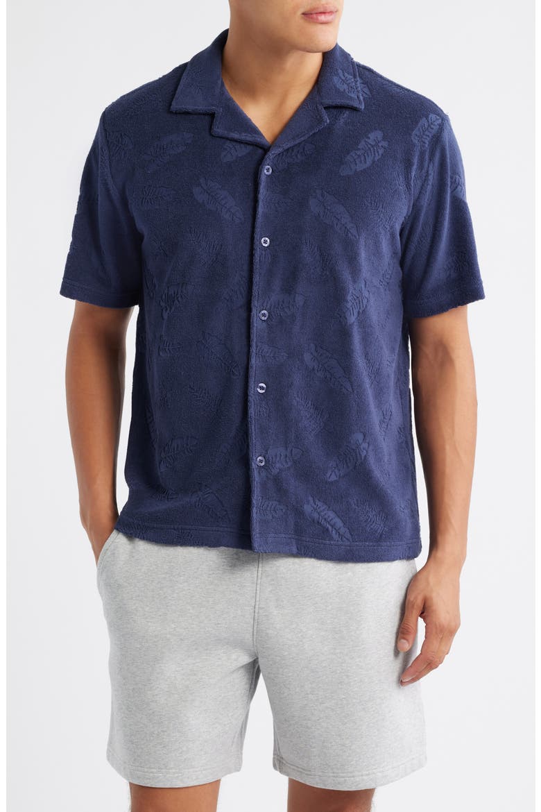 Shadow Hibiscus Cotton Blend Terry Cloth Camp Shirt, Main, color, NAVY HIBISCUS
