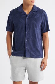 Majestic International Shadow Hibiscus Cotton Blend Terry Cloth Camp Shirt