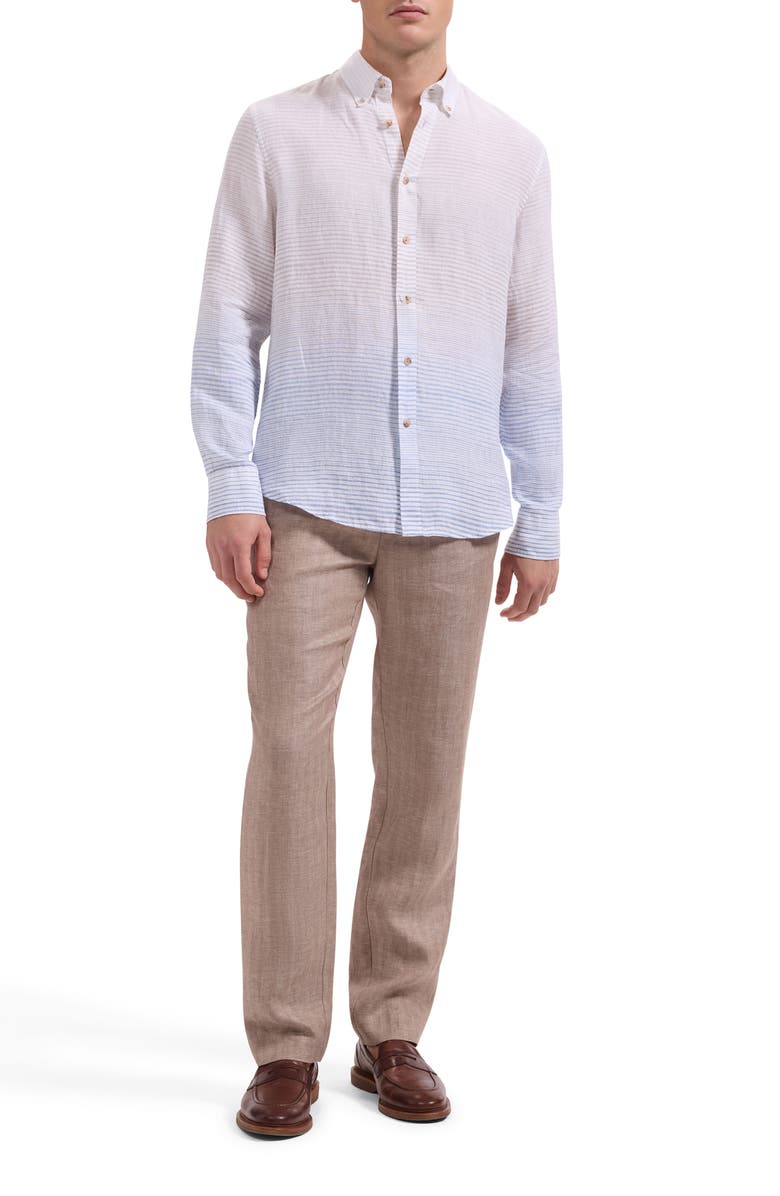 Bugatchi Austin Shaped Fit Gradient Stripe Linen Button-Down Shirt, Alternate, color, Air Blue