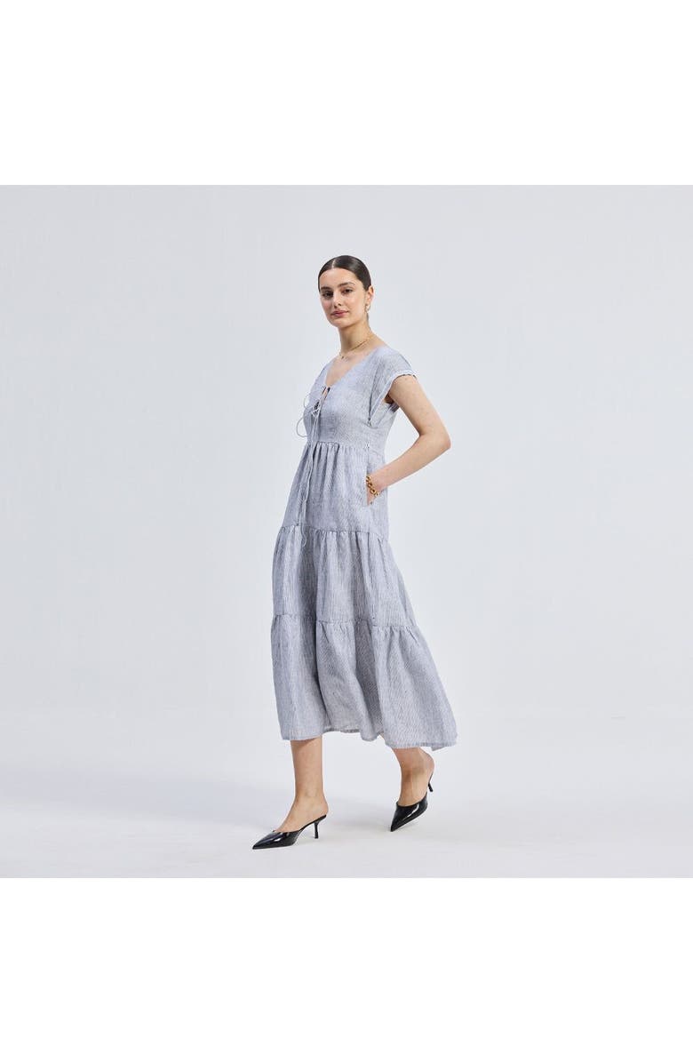 Reistor Womens Gathered Tiered Dress with Front-ties - Linen stripes Medium, Alternate, color, Pin Striped Linen