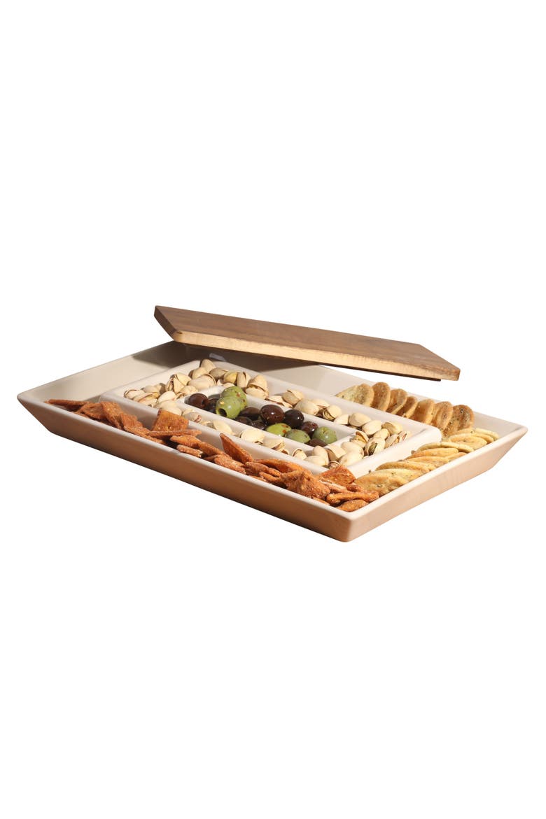 Gracious Dining 3-Section Stoneware Serving Tray with Acacia Lid, Alternate, color, Taupe