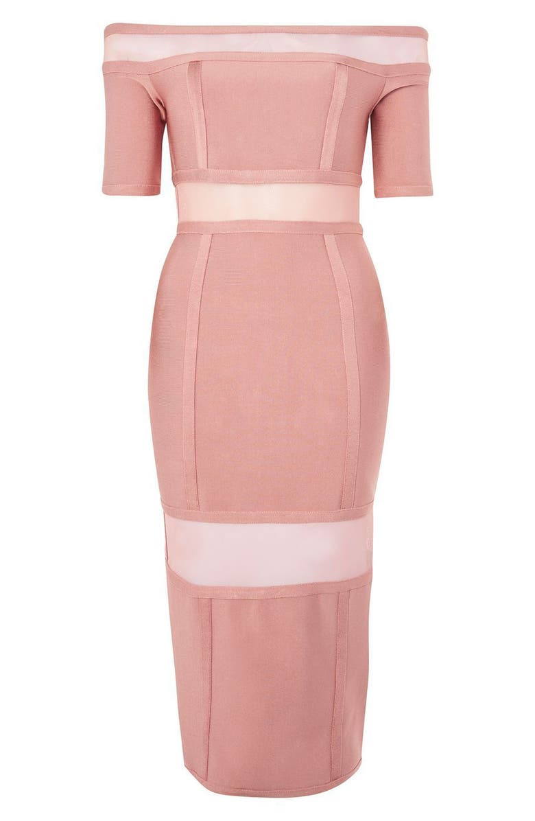 Topshop Sheer Panel Off the Shoulder Body-Con Midi Dress, Alternate, color, 