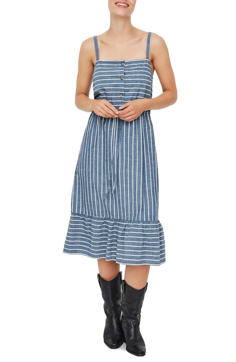 VERO MODA Cary Stripe Chambray Sundress, Main, color, Medium Blue Denim