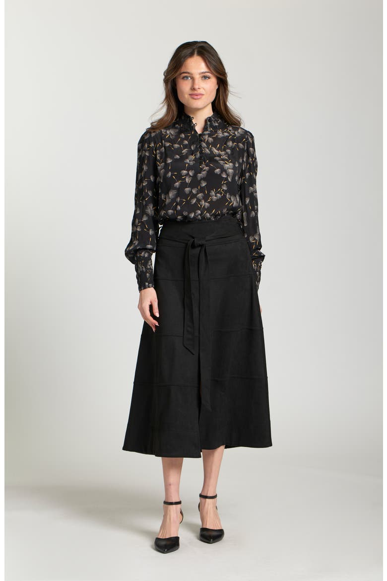 Faux Suede Paneled A-Lined Midi Skirt, Alternate, color, BLACK