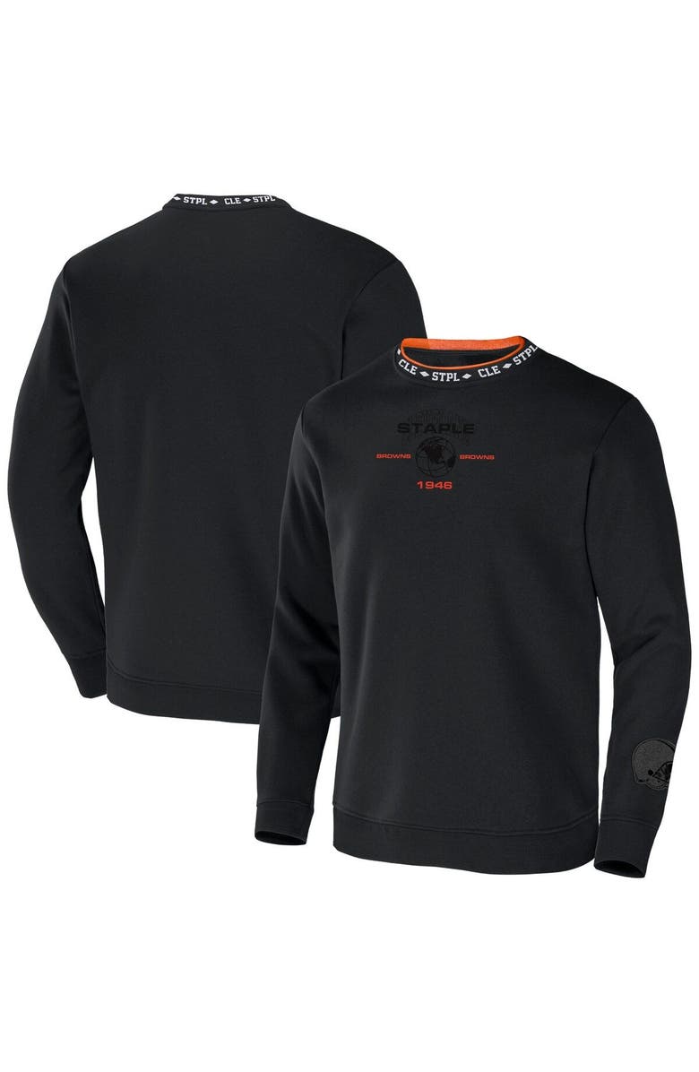STAPLE Men's NFL x Staple Black Cleveland Browns Globe Crewneck Pullover, Main, color, 