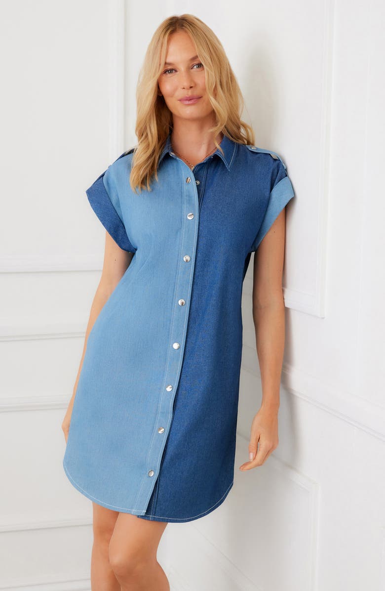 Karen Kane Colorblock Denim Shirtdress, Alternate, color, Denim