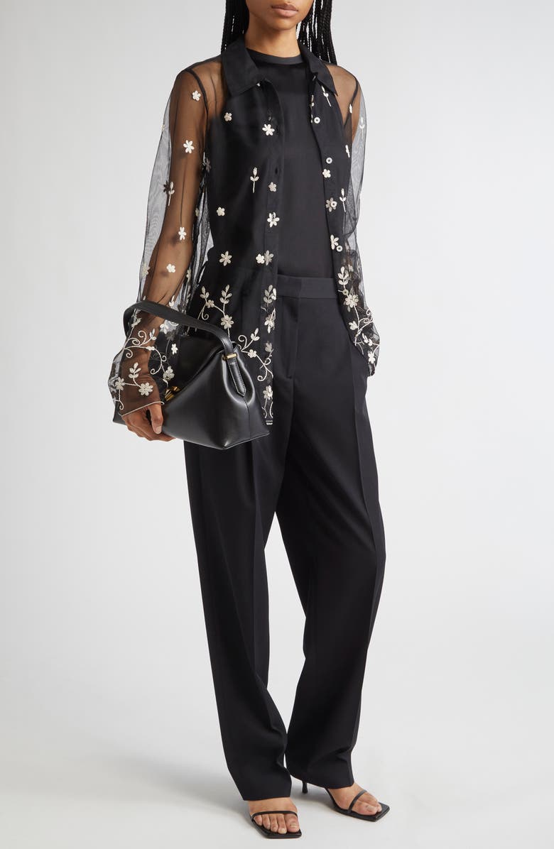 TOTEME Floral Embroidered Tulle Shirt, Alternate, color, Black/ White