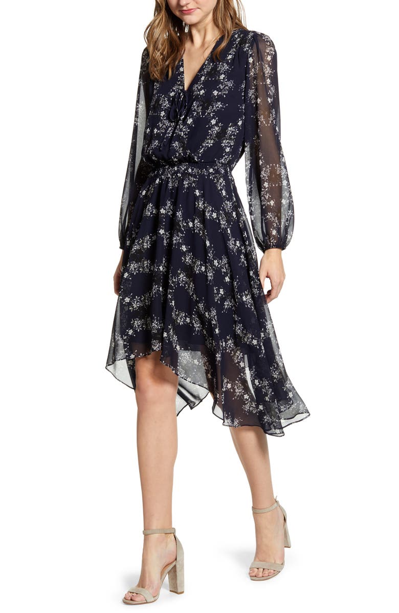 1.STATE Long Sleeve Floral Handkerchief Hem Dress, Main, color, 