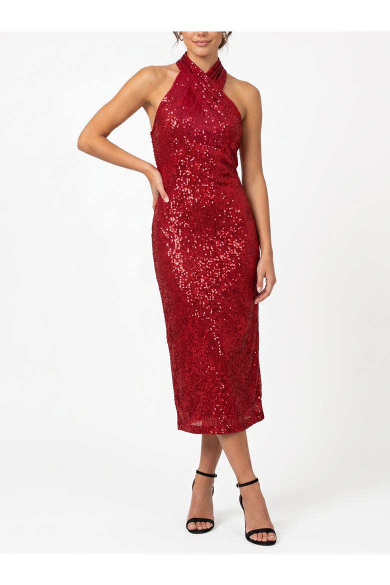 Sequin Harland Halter Midi Dress, Main, color, Haute Red