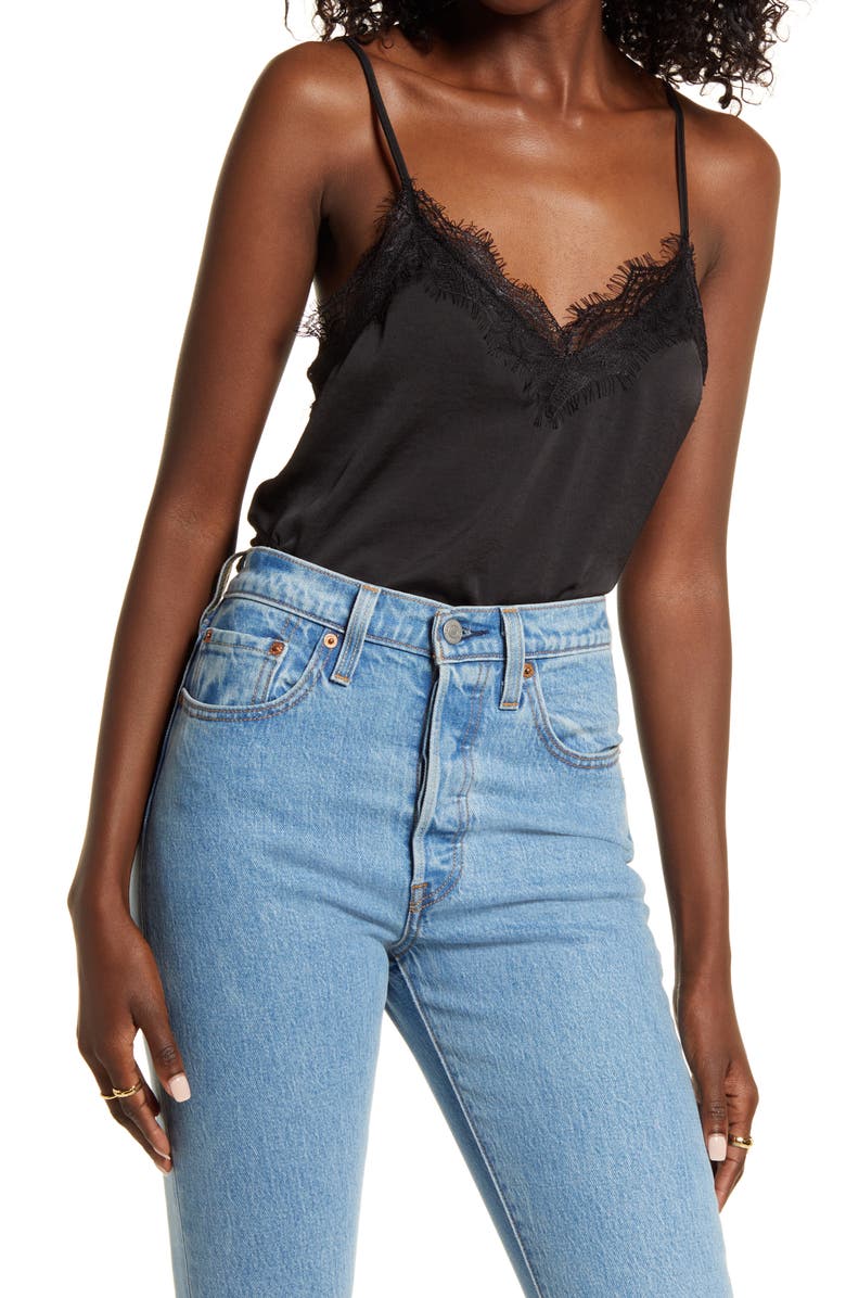 Open Edit Eyelash Lace Trim Satin Crop Camisole, Main, color,