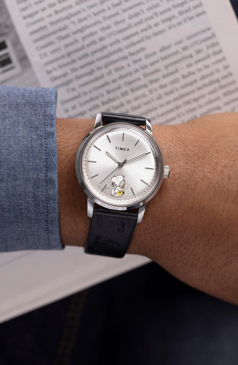 Timex<sup
®</sup
x Peanuts Marlin<sup
®</sup
Saxophonist Automatic Leather Strap Watch, 40mm, Alternate, color, Silver