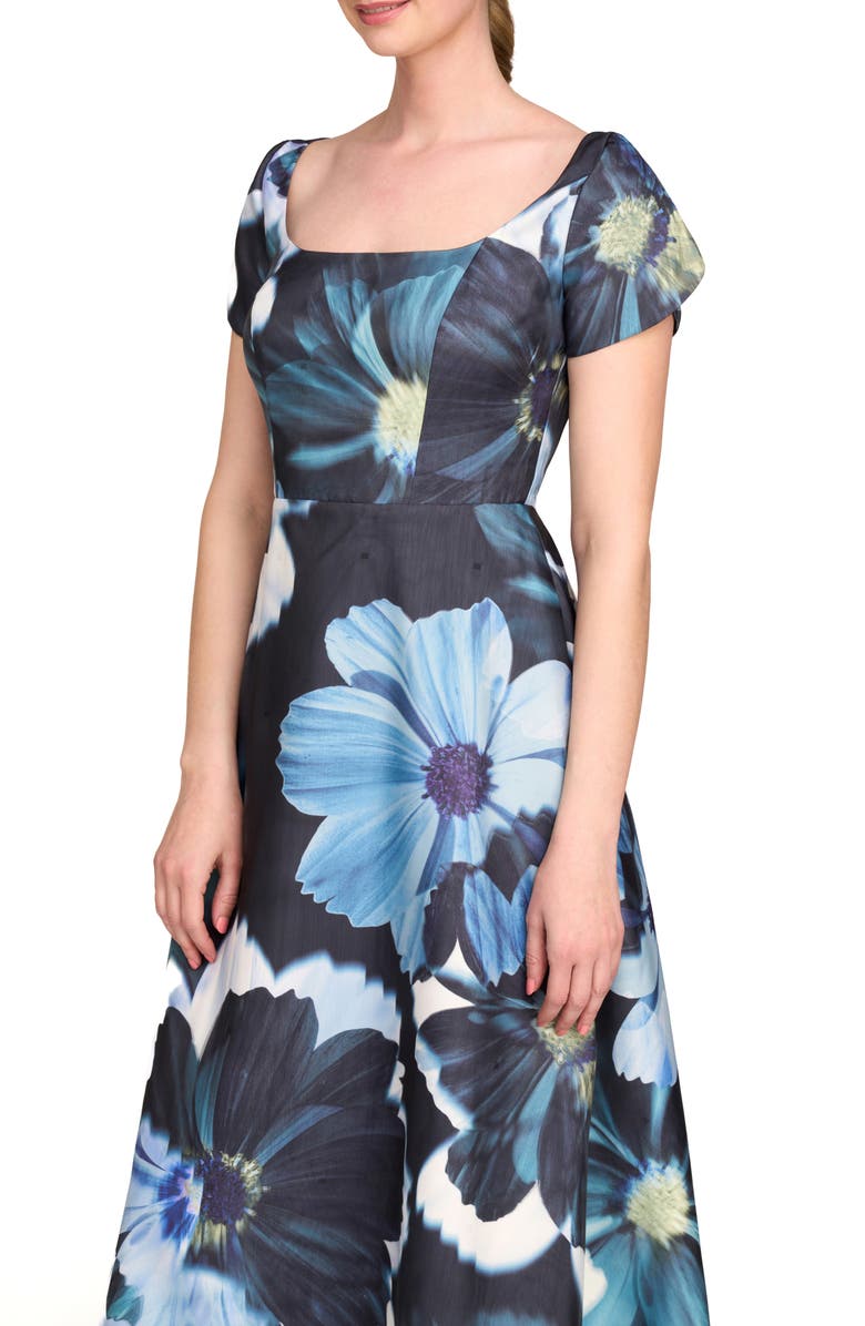 Kay Unger Emma Floral Cap Sleeve Cocktail Midi Dress, Alternate, color, Flint/ Teal