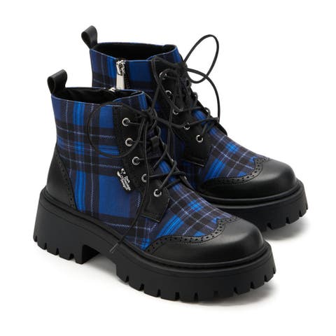 Blue-Tartan Women's Chunky Platform Boots