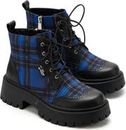 Hot Chocolate Design Blue-Tartan Women's Chunky Platform Boots