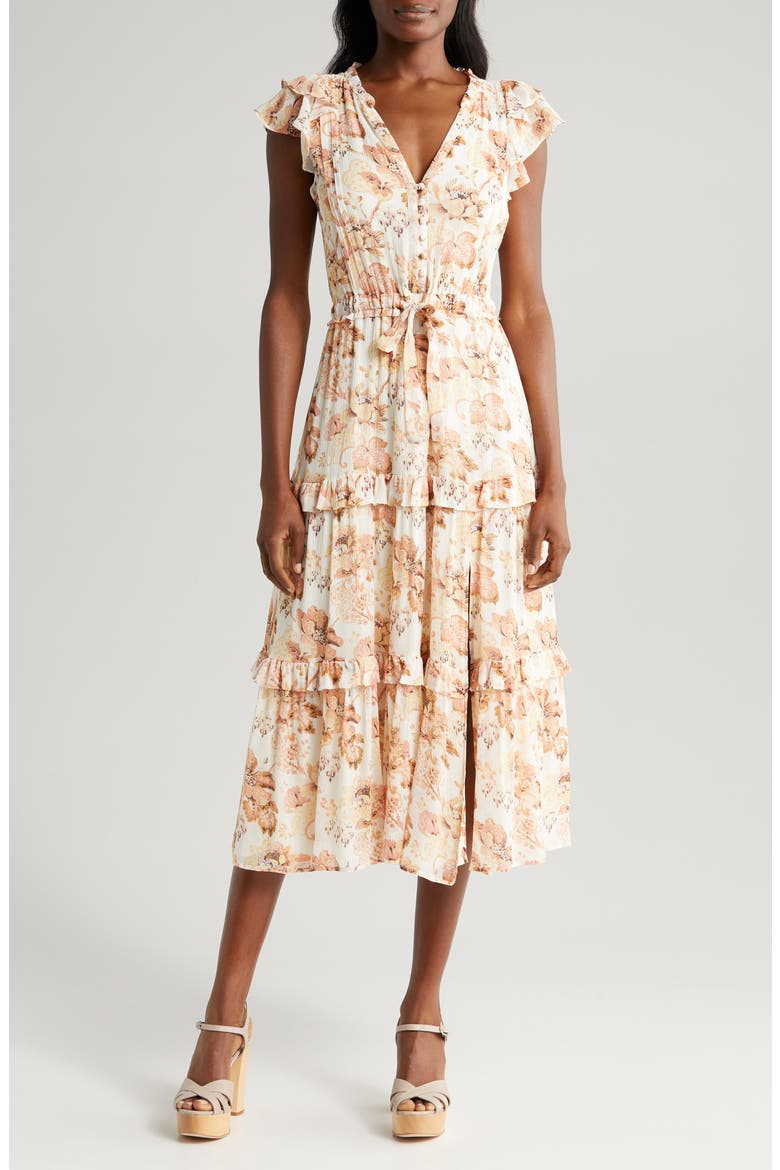 Rozlyn Floral Tiered Silk Midi Dress, Main, color, CREAM MULT