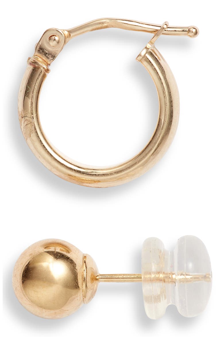 14K Gold Set of 2 Ball Studs & Huggie Hoop Earrings (Nordstrom Exclusive), Alternate, color, 14K YELLOW GOLD