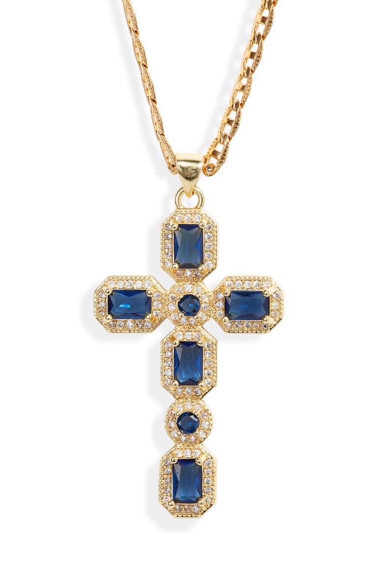 Ornate Cubic Zirconia Cross Pendant Necklace, Main, color, SAPPHIRE
