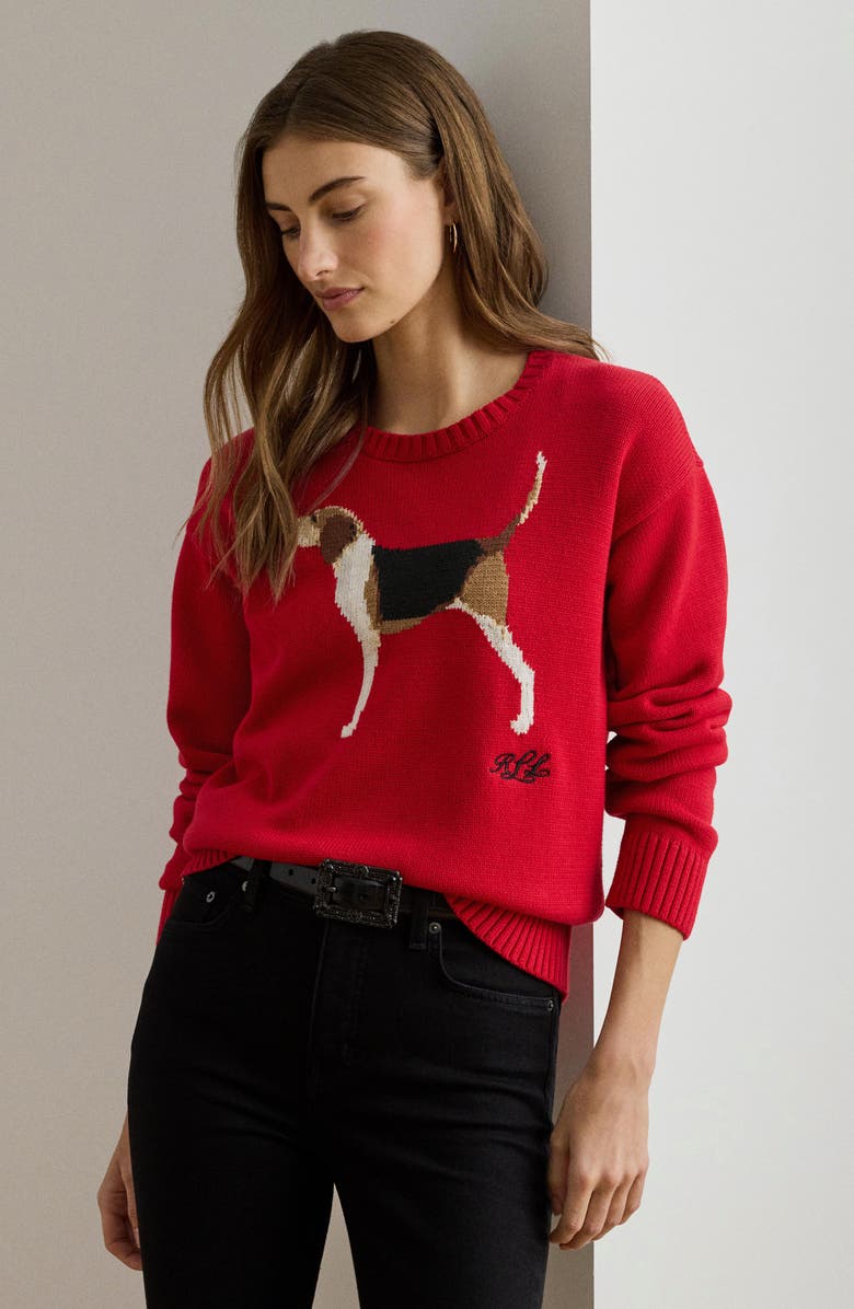 Lauren Ralph Lauren Intarsia Foxhound Cotton Sweater, Alternate, color, Ralph Red Multi