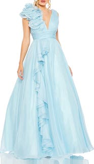 Mac Duggal Ruffle Shoulder V-Neck Chiffon Gown