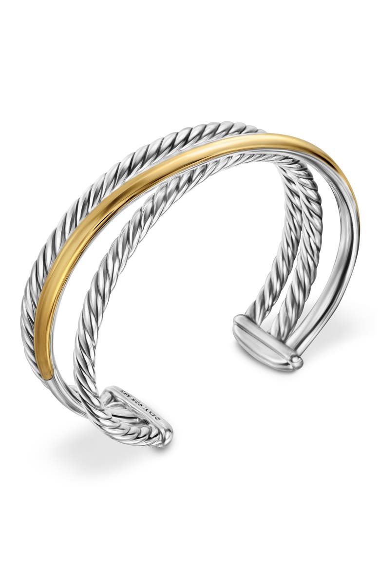 Crossover Three-Row Cuff Bracelet in Sterling Silver with 14K Yellow Gold, 20mm, Alternate, color, STERLING SILV 14K GOLD - LARGE