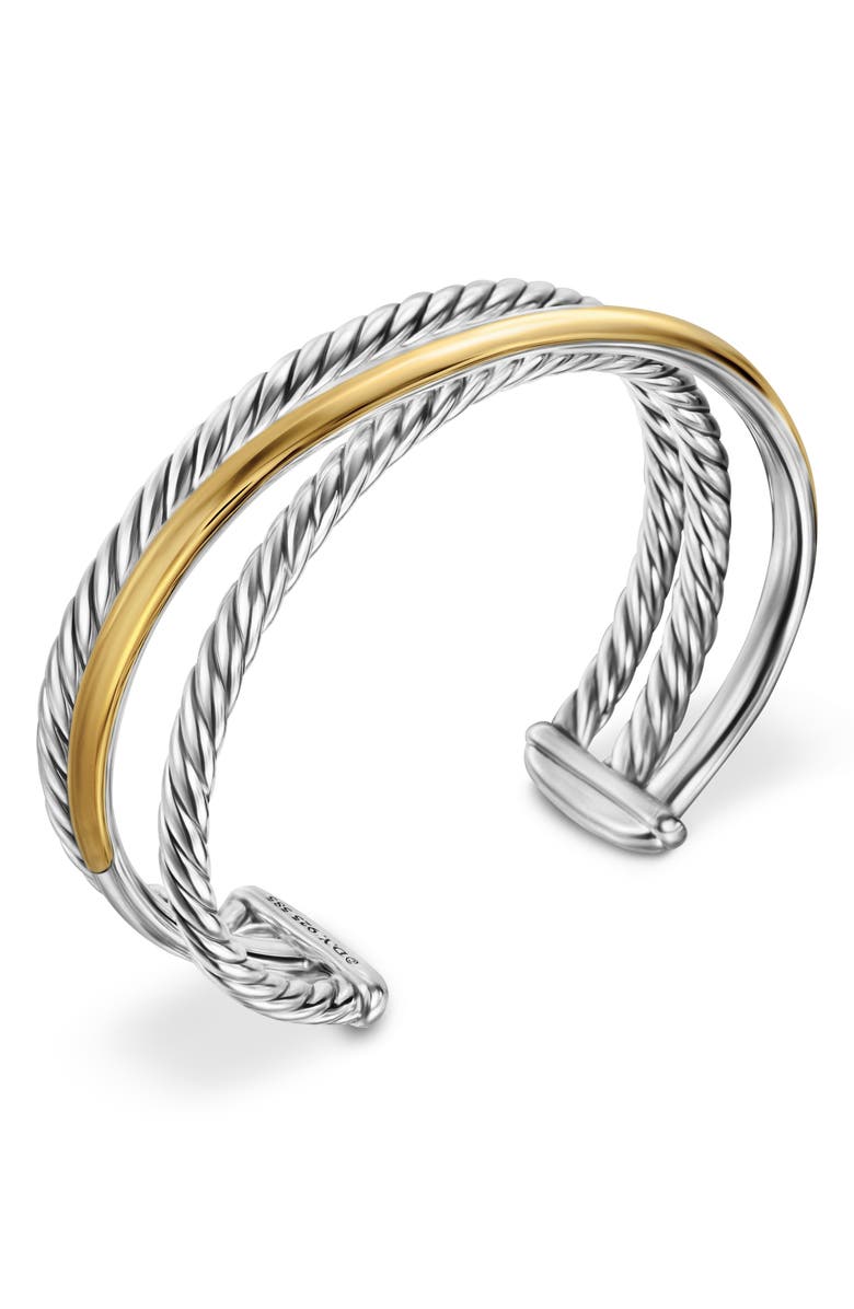 David Yurman Crossover Three-Row Cuff Bracelet in Sterling Silver with 14K Yellow Gold, 20mm, Alternate, color, Sterling Silv 14K Gold - Large