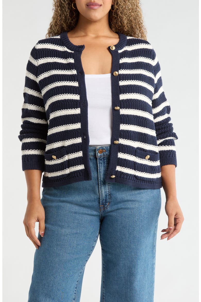 Stripe Rib Knit Button-Up Cardigan, Main, color, NAVY- IVORY PEGGY STRIPE