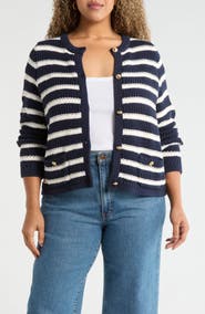 Caslon® Stripe Rib Knit Button-Up Cardigan