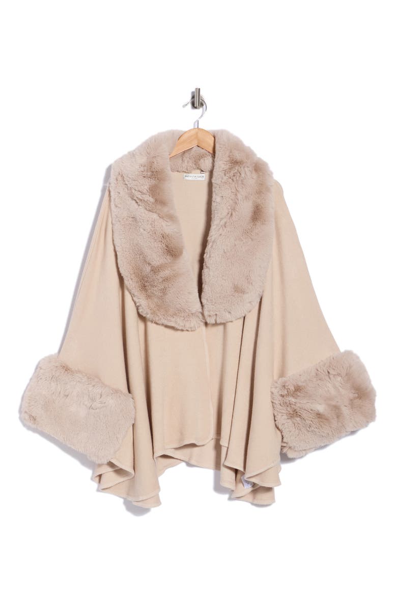 Faux Fur Trimmed Cape, Alternate, color, TAUPE