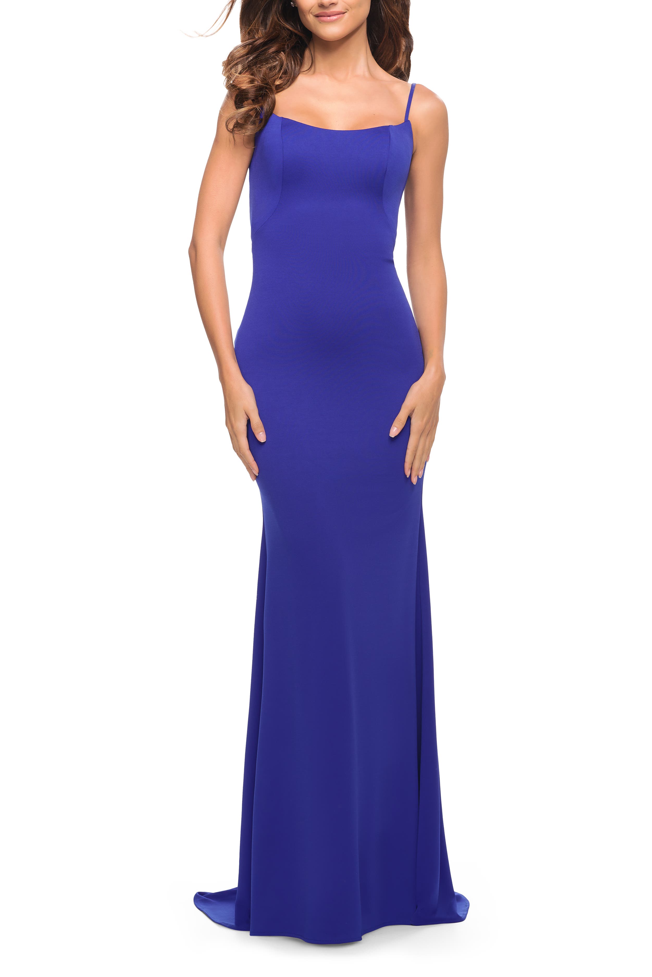 La Femme Simple Elegant Long Jersey Dress with Scoop Neck in Royal Blue 