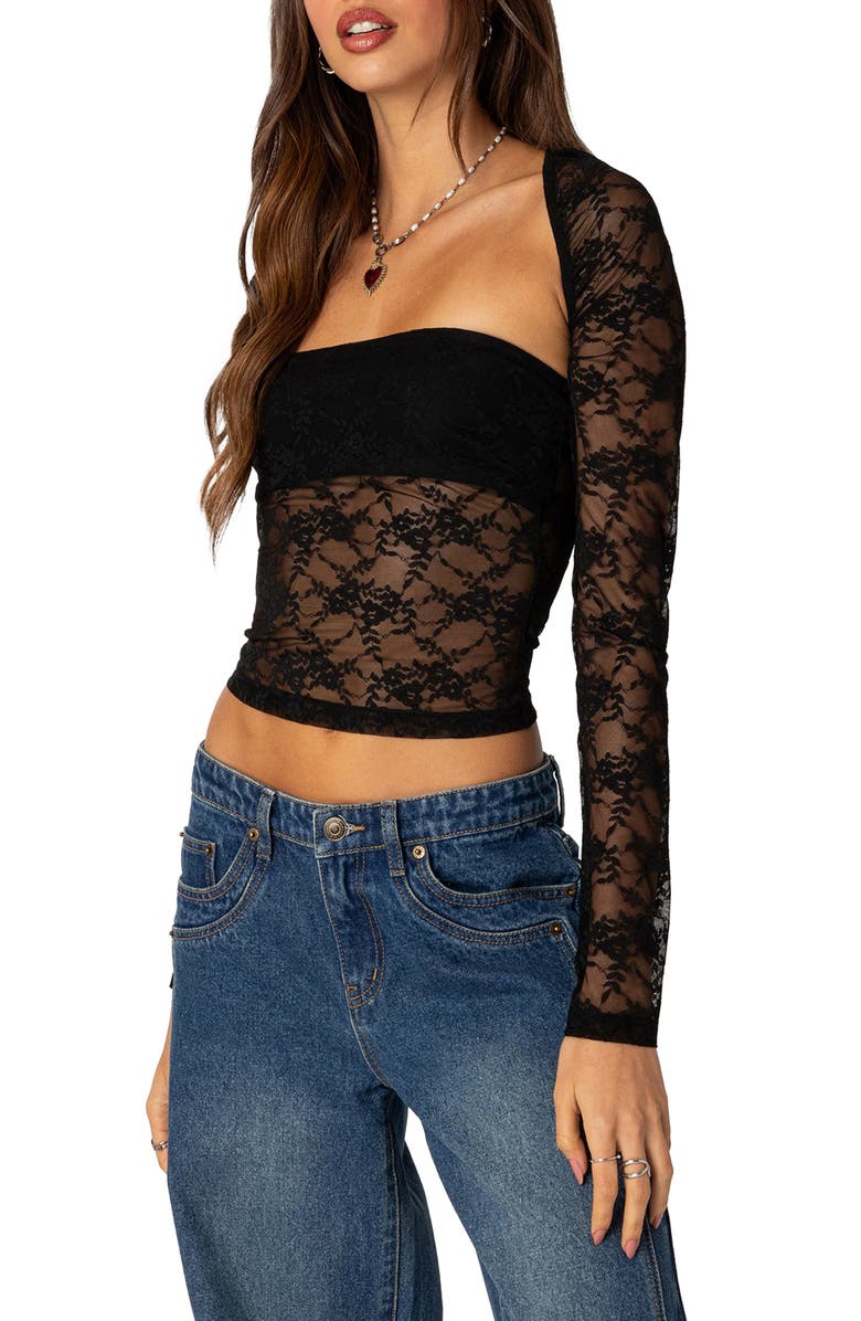 EDIKTED Addison Sheer Lace Top & Bolero Set, Alternate, color, Black
