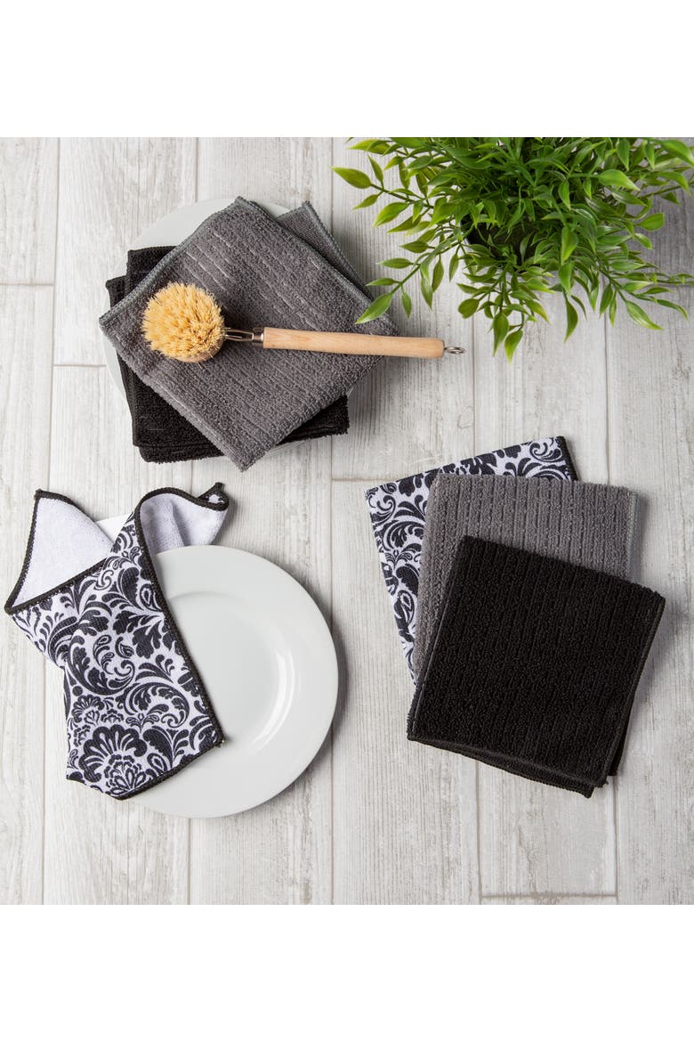 Black Damask Microfiber Dishcloth Set/6, Alternate, color, Black