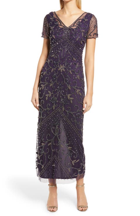 Beaded Mesh Column Gown (Regular & Plus)