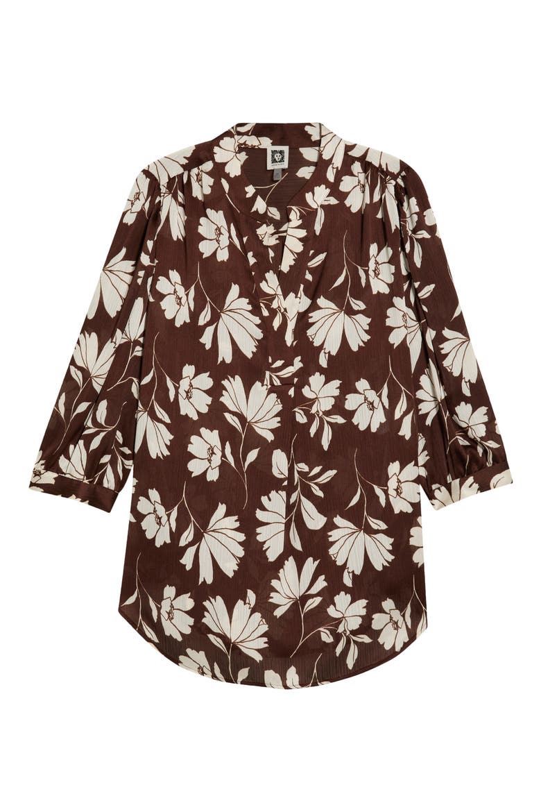 Floral Split Neck Top, Alternate, color, DARK CHOCOLATE/ WHITE
