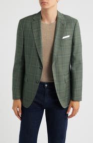 BOSS Hutson Slim Fit Green Windowpane Check Virgin Wool Sport Coat