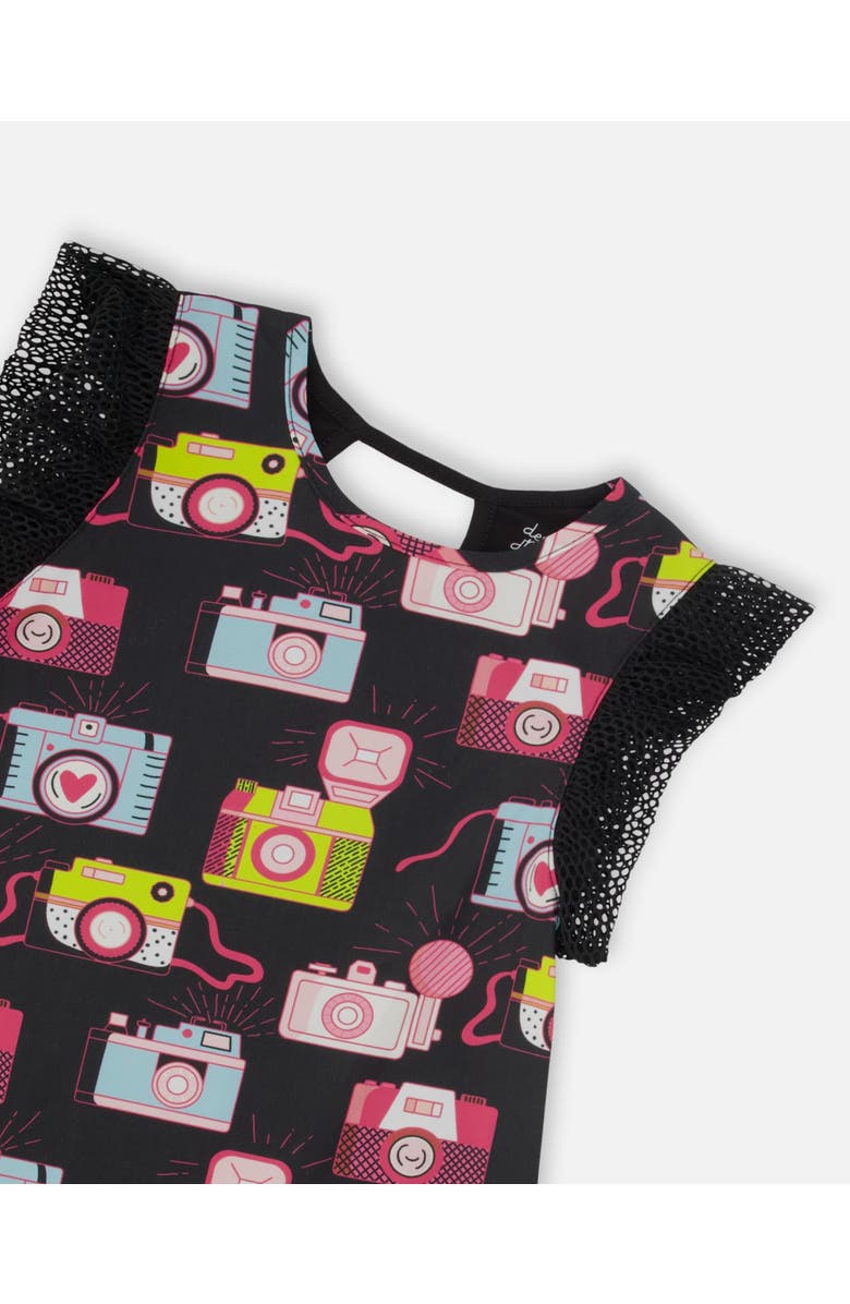 Deux par Deux Little Girl's Printed Dress With Mesh Sleeves Black, Alternate, color, 