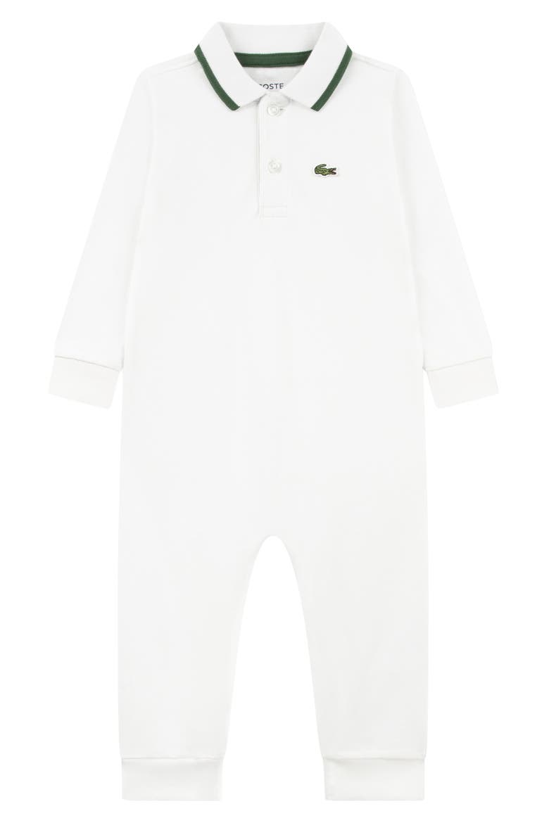 Polo Collar Stretch Cotton Piqué Romper, Main, color, BLANC