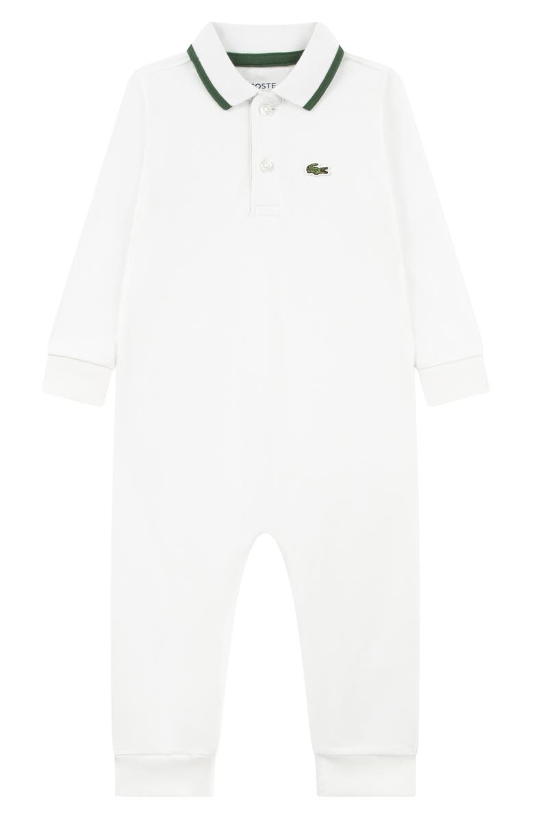 Lacoste Polo Collar Stretch Cotton Piqué Romper, Main, color, Blanc