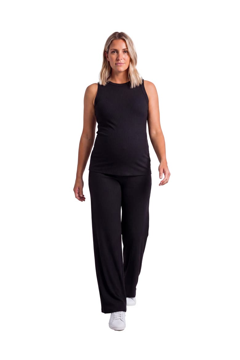 Maternity Basic Ribbed Knit Tank Top and Elastic Waist Wide Leg Pant Set, Main, color, Black