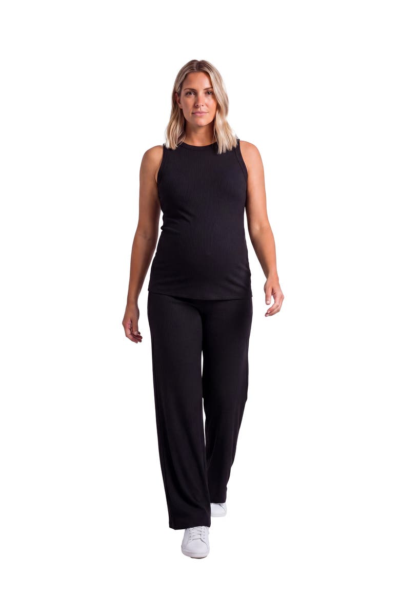 24seven Comfort Apparel Maternity Basic Ribbed Knit Tank Top and Elastic Waist Wide Leg Pant Set, Main, color, Black