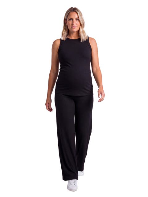 Maternity Basic Ribbed Knit Tank Top and Elastic Waist Wide Leg Pant Set