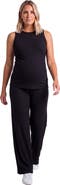 24seven Comfort Apparel Maternity Basic Ribbed Knit Tank Top and Elastic Waist Wide Leg Pant Set