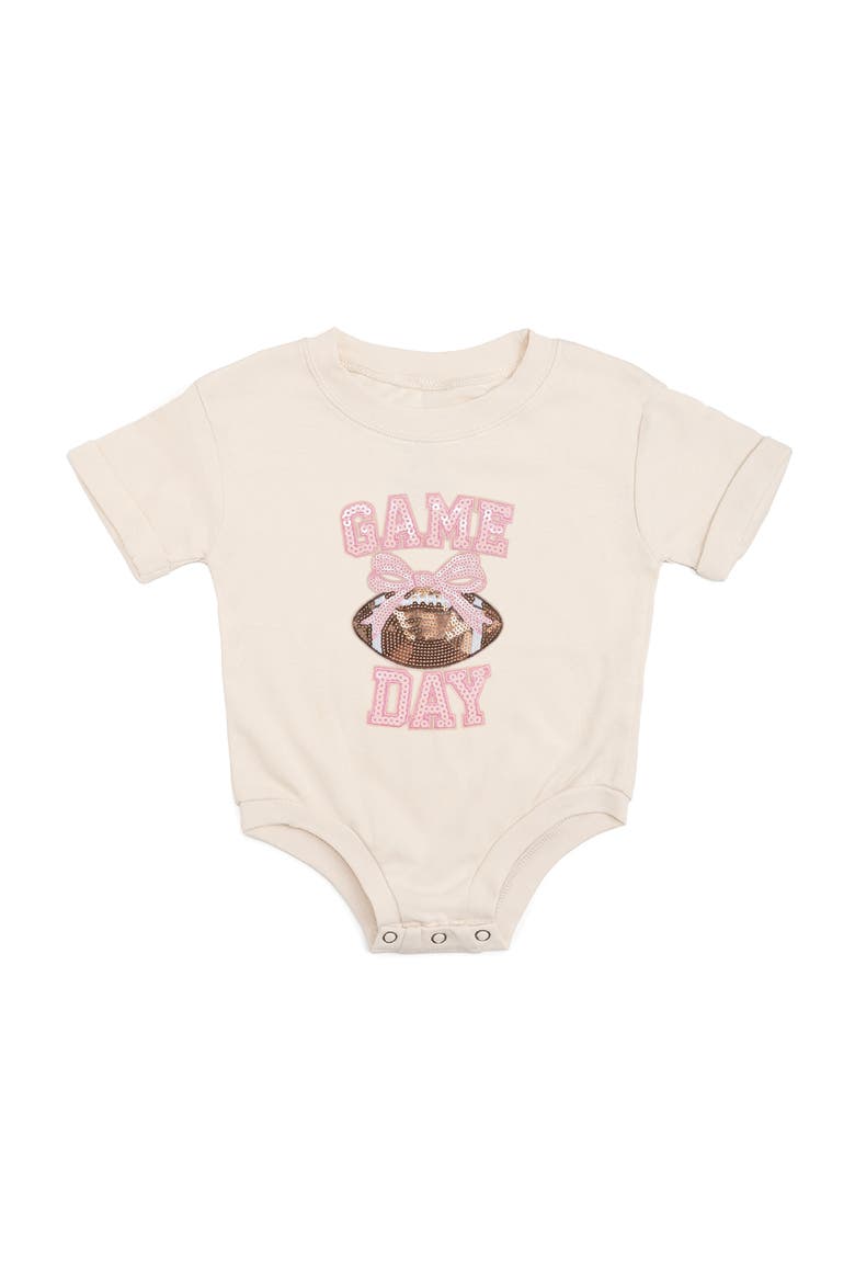 Game Day Sequin Patch Short Sleeve Romper, Main, color, Natural Heather