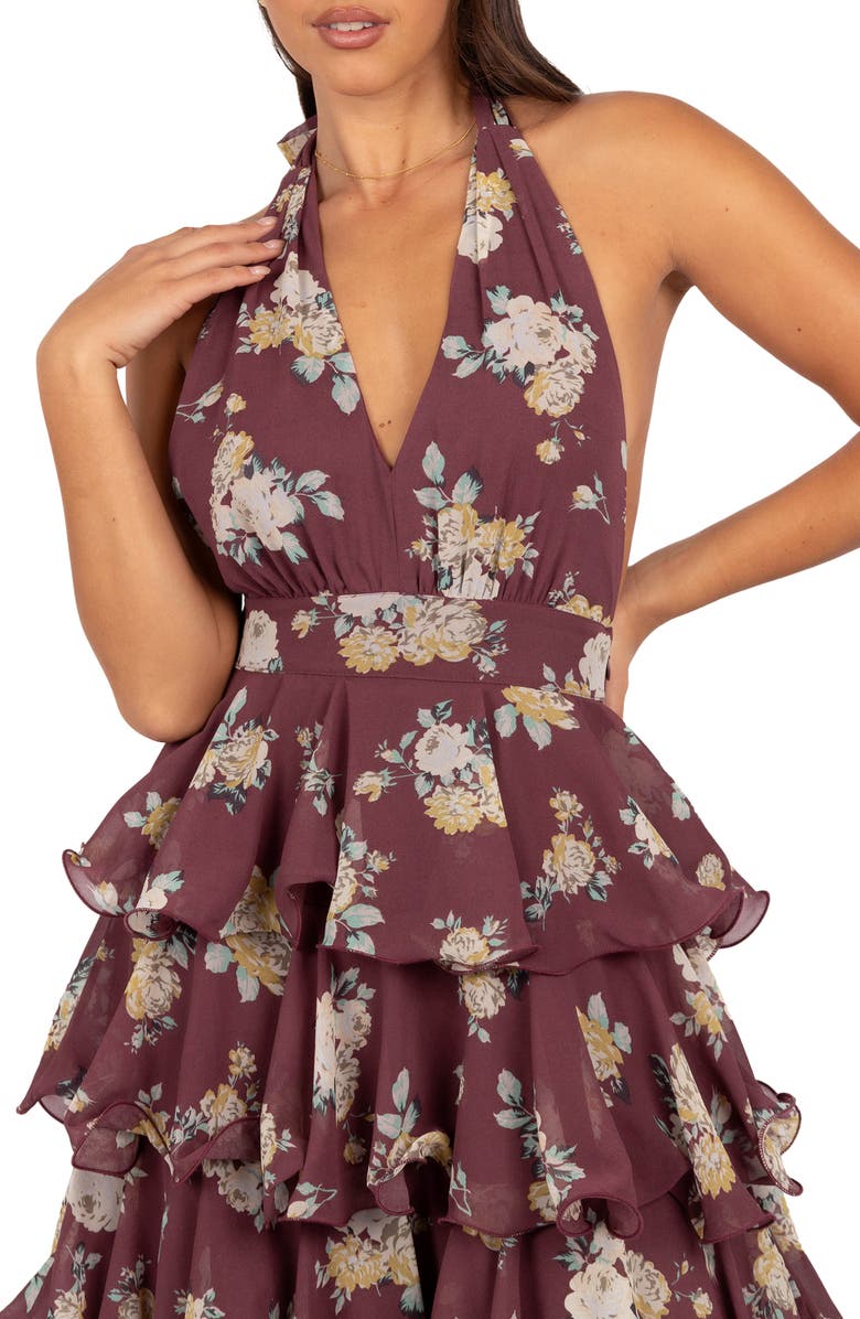 Petal & Pup Kendall Tiered Halter Neck Maxi Dress, Alternate, color, Dark Wine