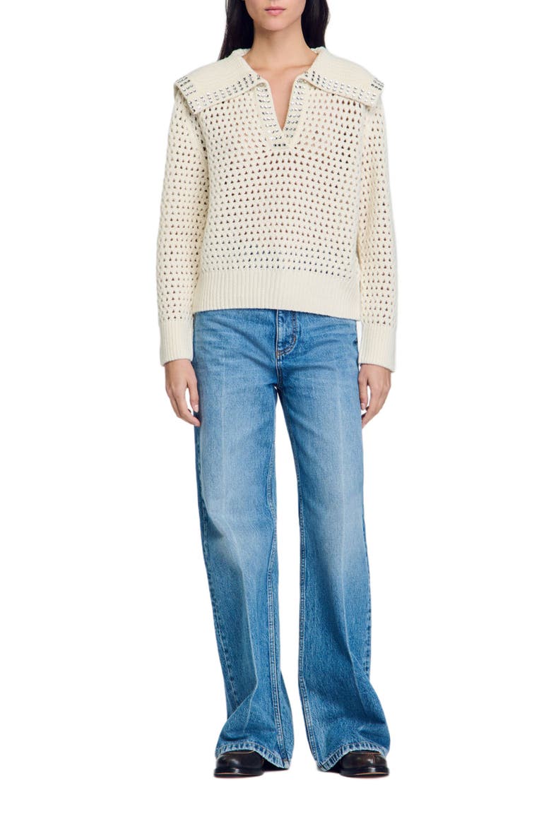 Sailor-neck wool sweater, Alternate, color, Ecru