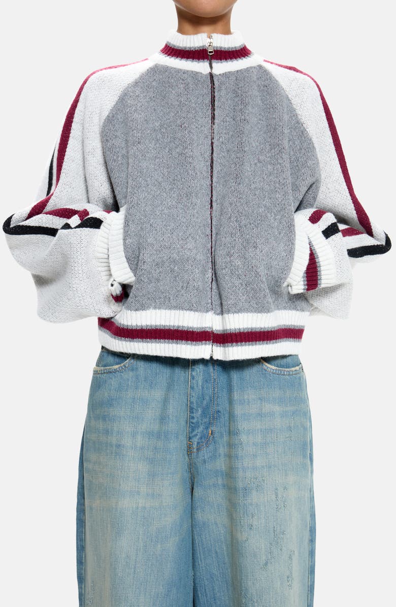 JADED LONDON 85 Jacquard Graphic Bomber Cardigan, Main, color, Grey